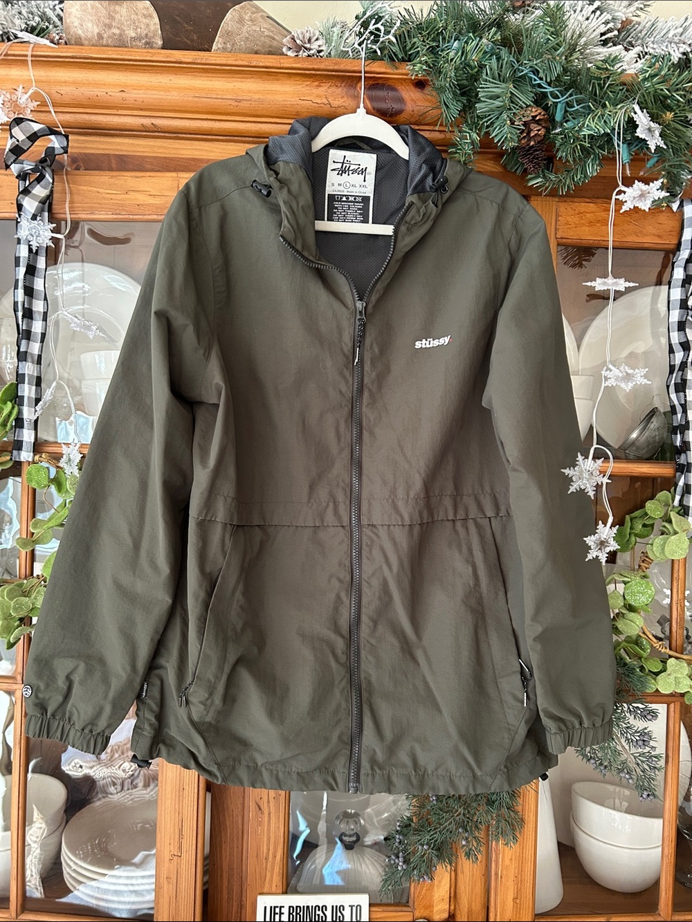 Stussy Olive Green Hooded Windbreaker Jacket